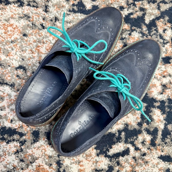 Cole Haan Navy Blue & Turquoise Leather Wingtip Oxford Dress Shoes Men’s Sz 10.5 - Picture 14 of 14